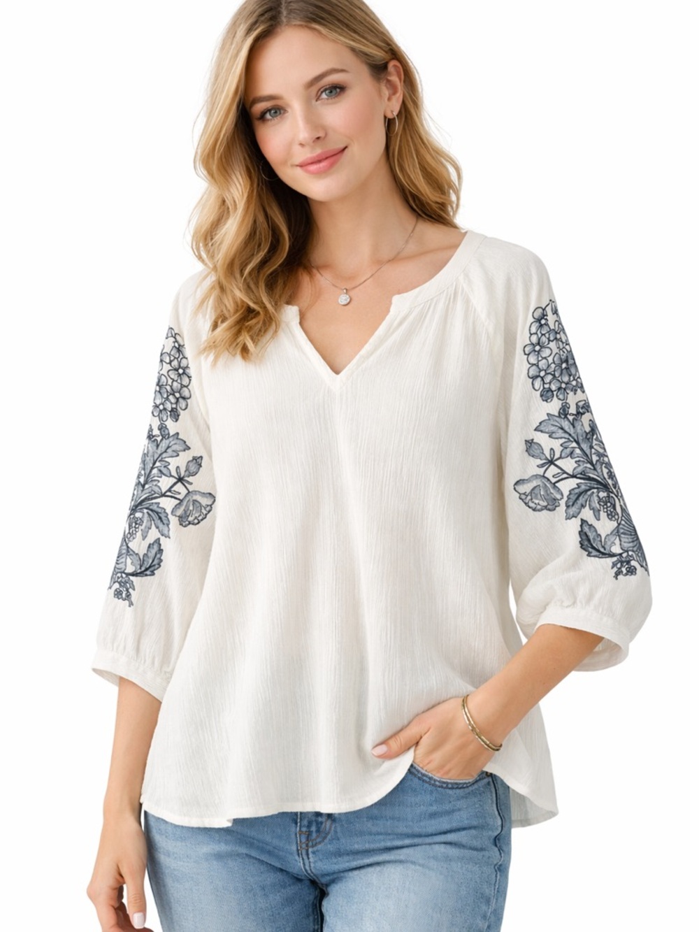 Pure Jill J.Jill Medium White Gauze Embroidered Sleeve Boho Top - Picture 2 of 11